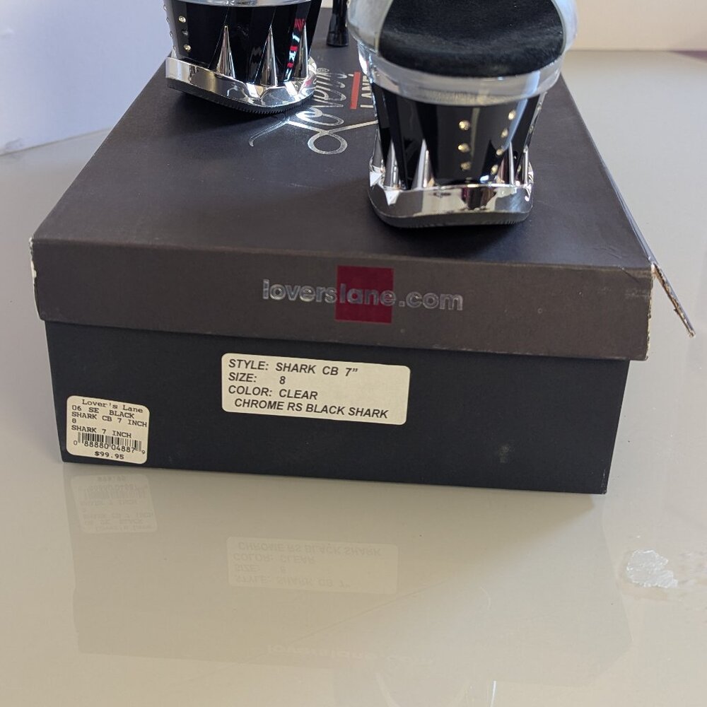 Y2K Tabu Chrome Black Shark Platform Stiletto Stripper Heels Rhinestone Studs 8 - Picture 10 of 12